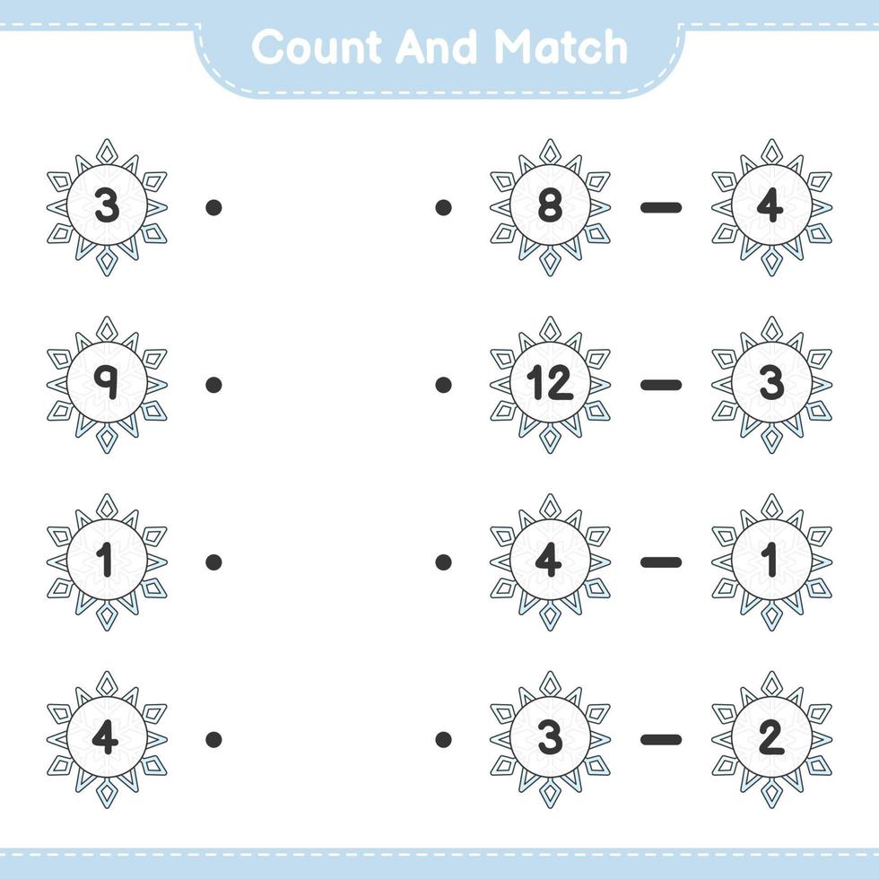 conta e abbina, conta il numero di fiocchi di neve e abbina i numeri giusti. gioco educativo per bambini, foglio di lavoro stampabile, illustrazione vettoriale