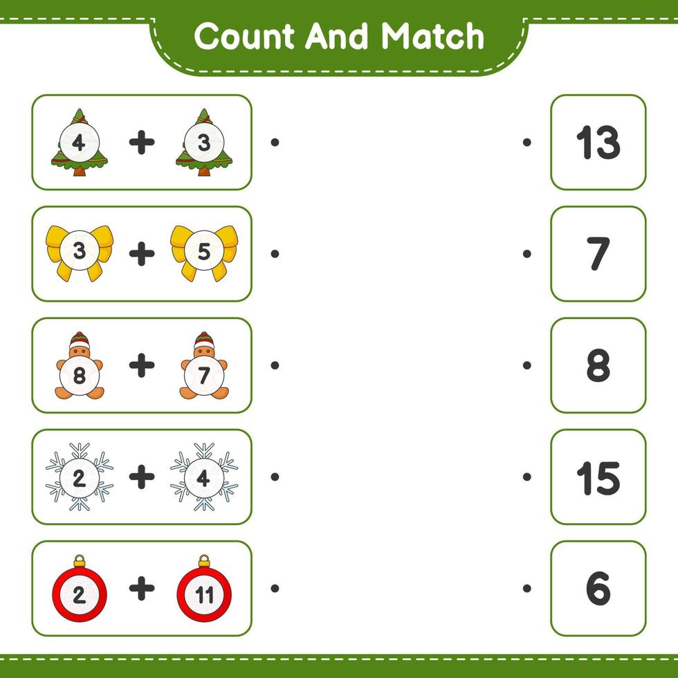 conta e abbina, conta il numero di fiocco di neve, nastro, albero, palla di Natale, omino di pan di zenzero e abbina con i numeri giusti. gioco educativo per bambini, foglio di lavoro stampabile, illustrazione vettoriale