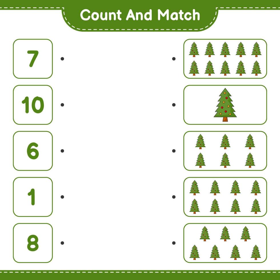 conta e abbina, conta il numero dell'albero di Natale e abbina i numeri giusti. gioco educativo per bambini, foglio di lavoro stampabile, illustrazione vettoriale