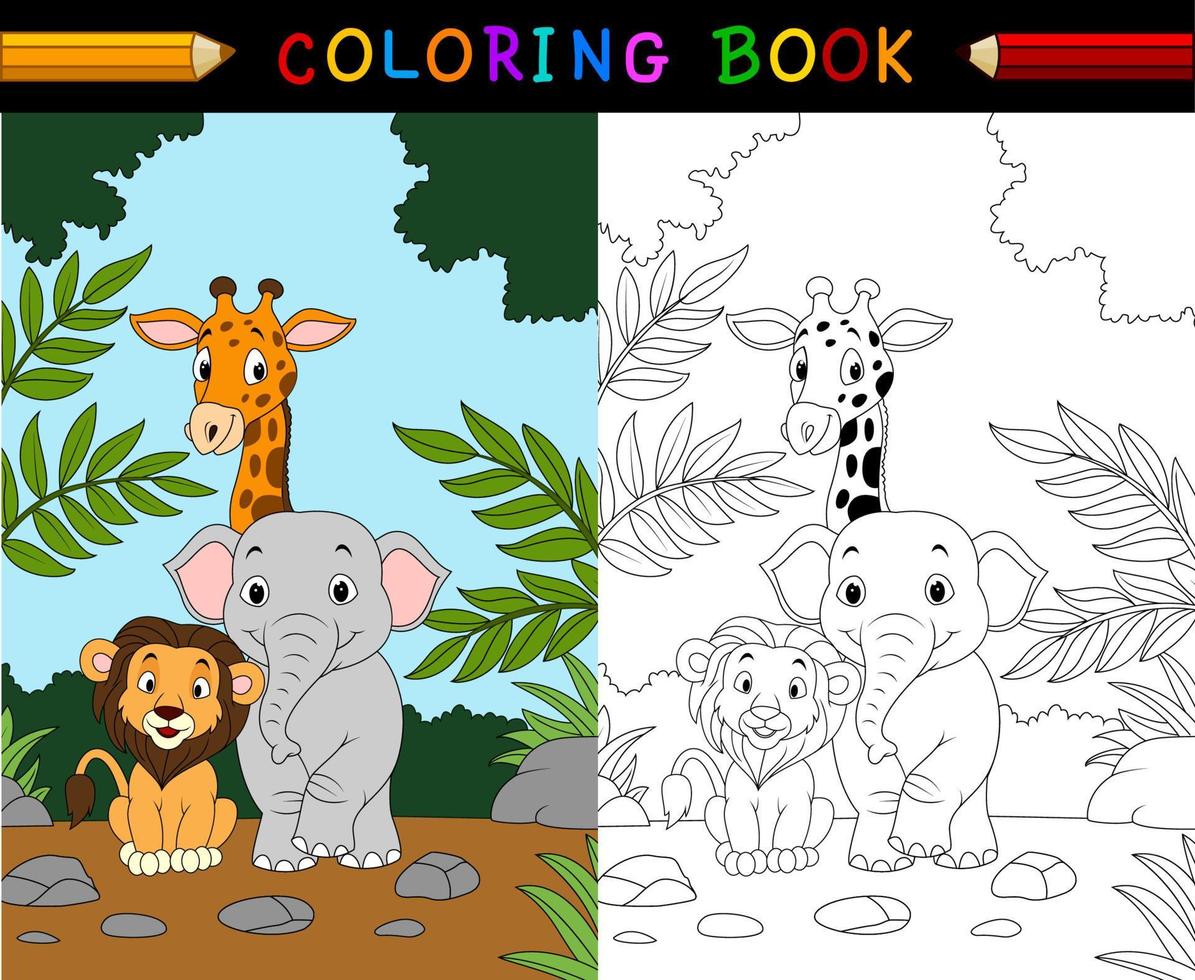 libro da colorare di animali da safari dei cartoni animati vettore