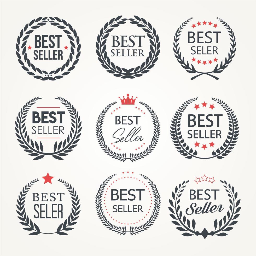 raccolta di design dell'icona dell'etichetta del premio best seller con corona d'alloro vettore
