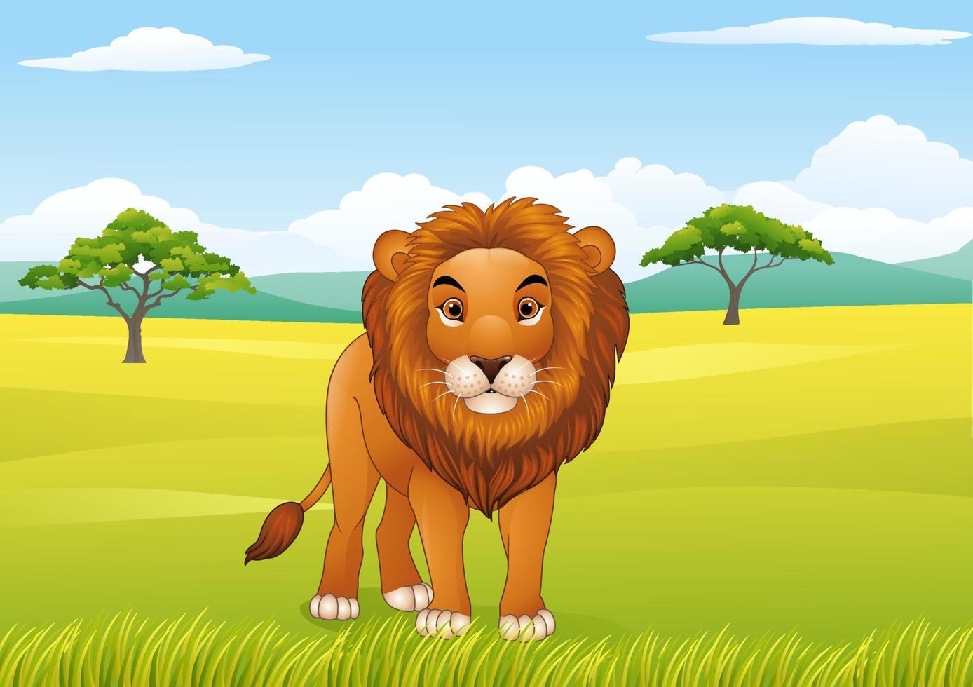 leone cartone animato con sfondo paesaggio africano vettore