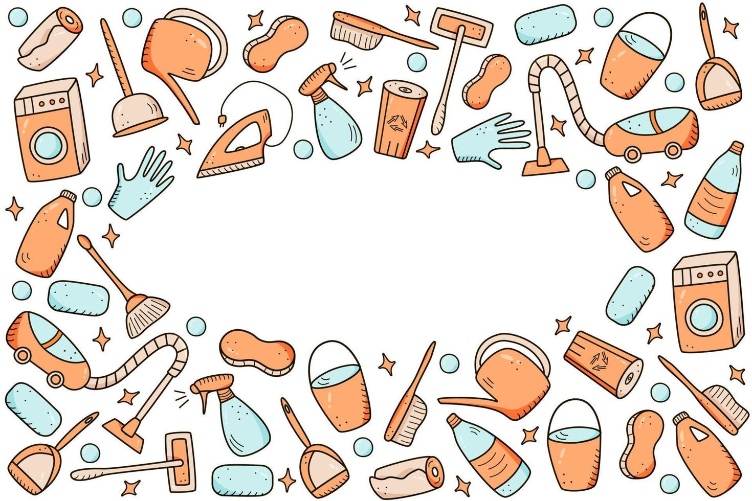 elementi di pulizia vettoriali in stile doodle. una serie di disegni di prodotti e articoli per la pulizia. kit per il lavaggio della stanza