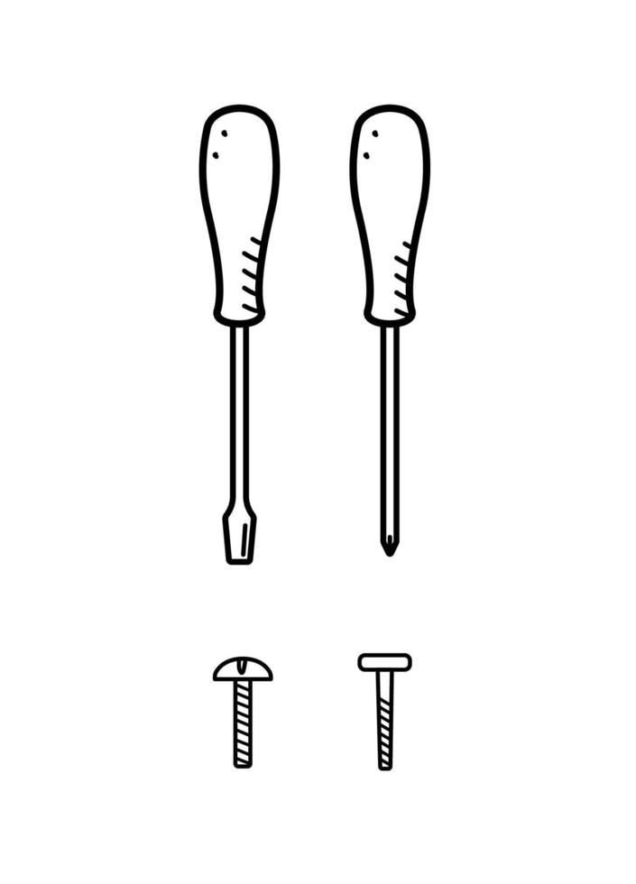 cacciaviti e viti, un set di strumenti per la costruzione di doodle, illustrazione vettoriale su bianco