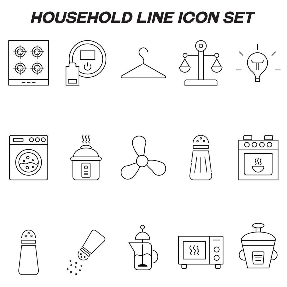 concetto di routine domestica e quotidiana. raccolta di icone monocromatiche di contorno moderno in stile piatto. set di icone di linea di forno, aspirapolvere robot, appendiabiti, bilancia, lampadina vettore