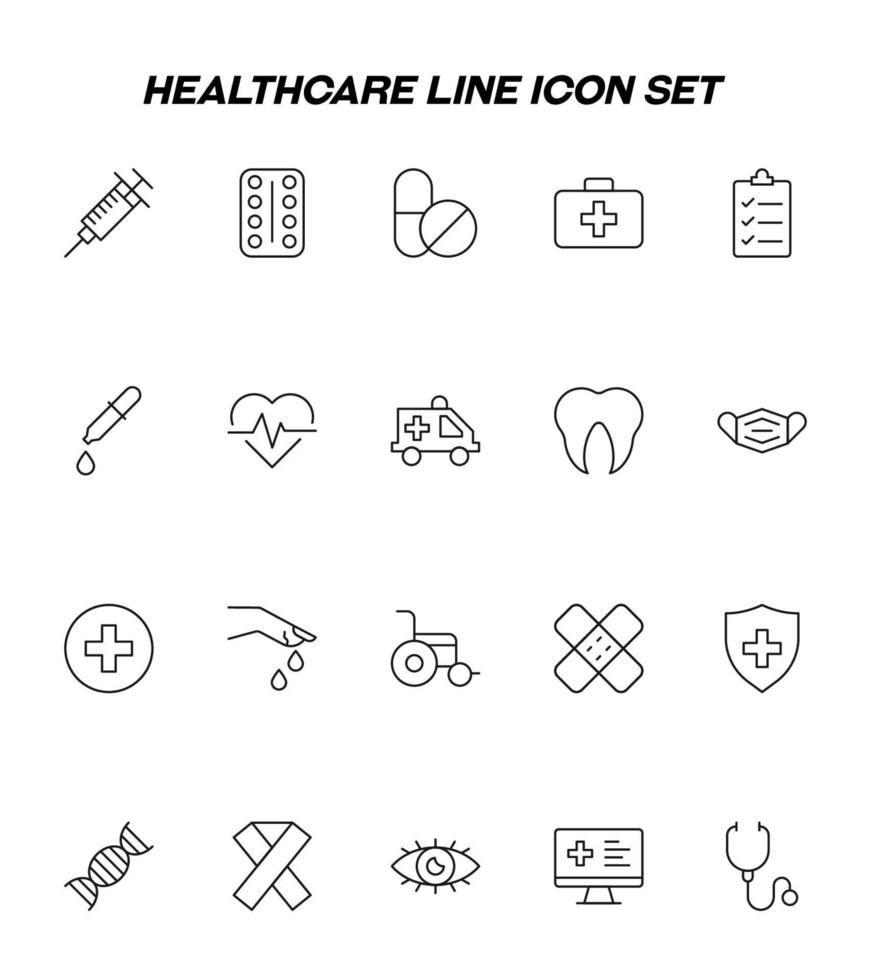 concetto di medicina e assistenza sanitaria. semplice illustrazione monocromatica per siti Web, negozi, app. icone di siringa, pillole, prescrizione, valigia, contagocce, polso, ambulanza ecc vettore