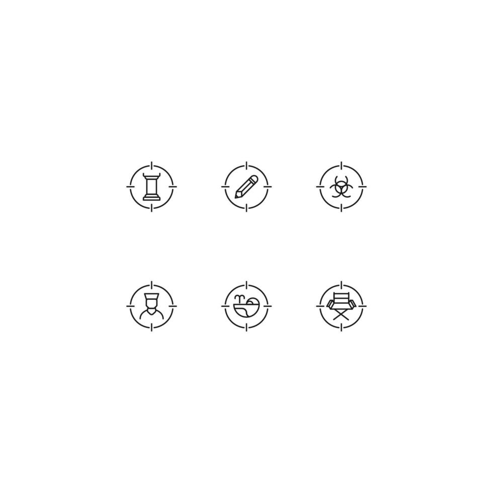icona linea impostata con segni monocromatici adatti per pubblicità, negozi, negozi, app. colonna, matita, segnale di pericolo, chef, balena, sedia da regista all'interno del bersaglio vettore