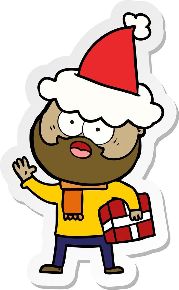 adesivo cartone animato di un uomo barbuto con il presente che indossa il cappello da babbo natale vettore