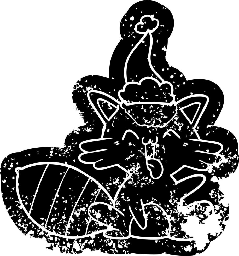 simpatico cartone animato icona afflitta di un procione che indossa il cappello di Babbo Natale vettore