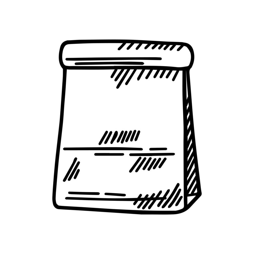 sacchetto della spesa di carta abbozzato isolato. pacchetto doodle da asporto in stile disegnato a mano. vettore