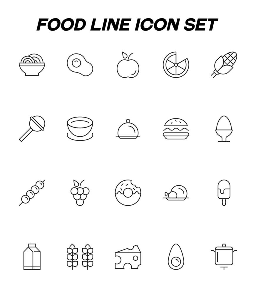 concetto di cibo e nutrizione. illustrazioni monocromatiche minimaliste disegnate con una linea sottile nera. icone vettoriali di noodles giapponesi, mela, arancia, mais, avocado, dolce ecc