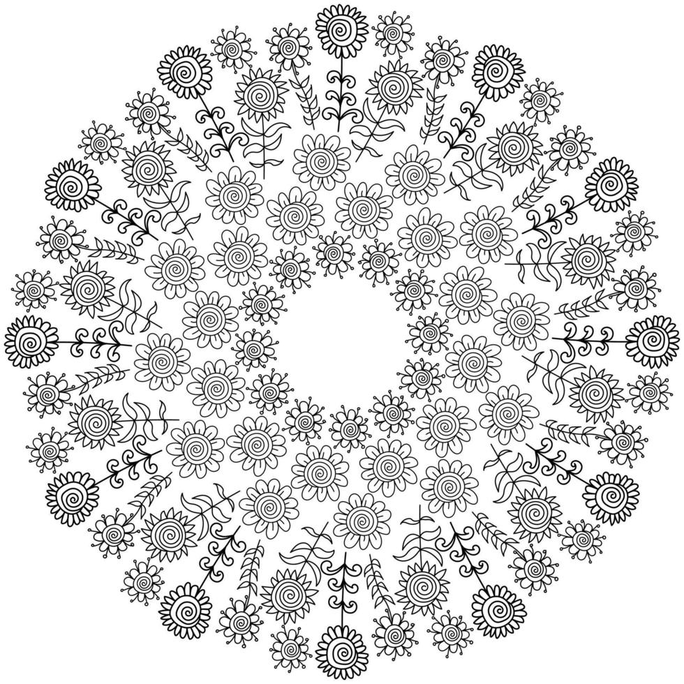 doodle fiori a forma di mandala, nuclei di fiori a spirale con petali frequenti, pagina da colorare antistress vettore