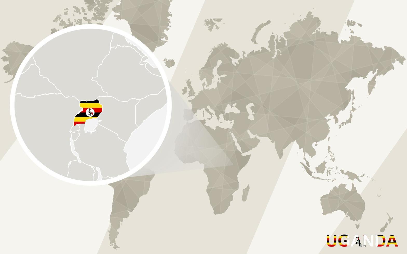 ingrandisci la mappa e la bandiera dell'uganda. mappa del mondo. vettore