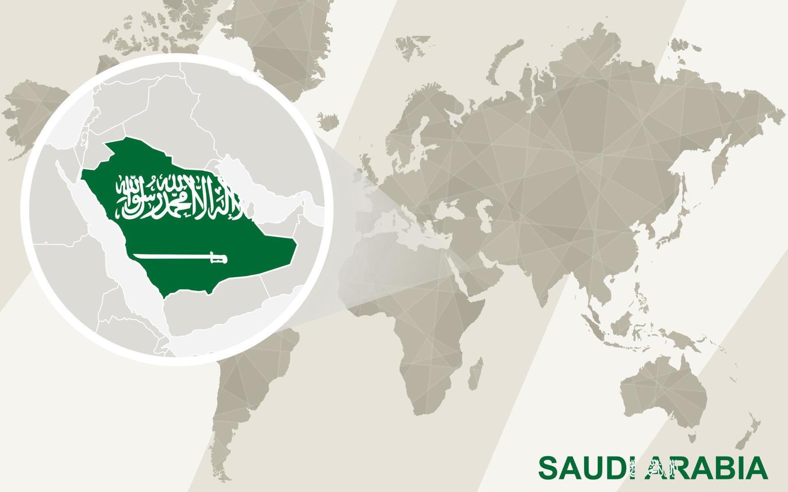 ingrandisci la mappa e la bandiera dell'arabia saudita. mappa del mondo. vettore