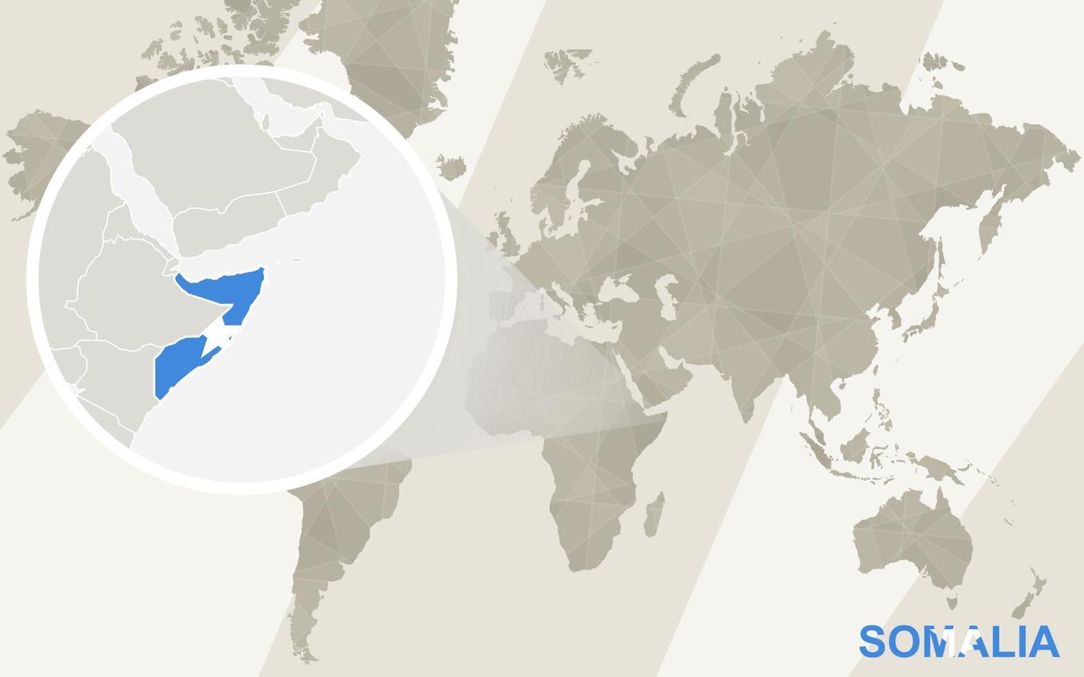 ingrandisci la mappa e la bandiera della somalia. mappa del mondo. vettore