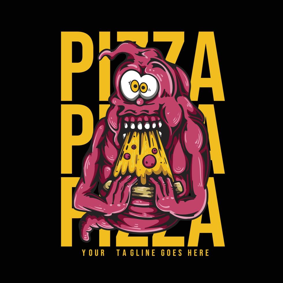 t shirt design pizza con mostro pazzo che mangia pizza con illustrazione vintage sfondo nero vettore