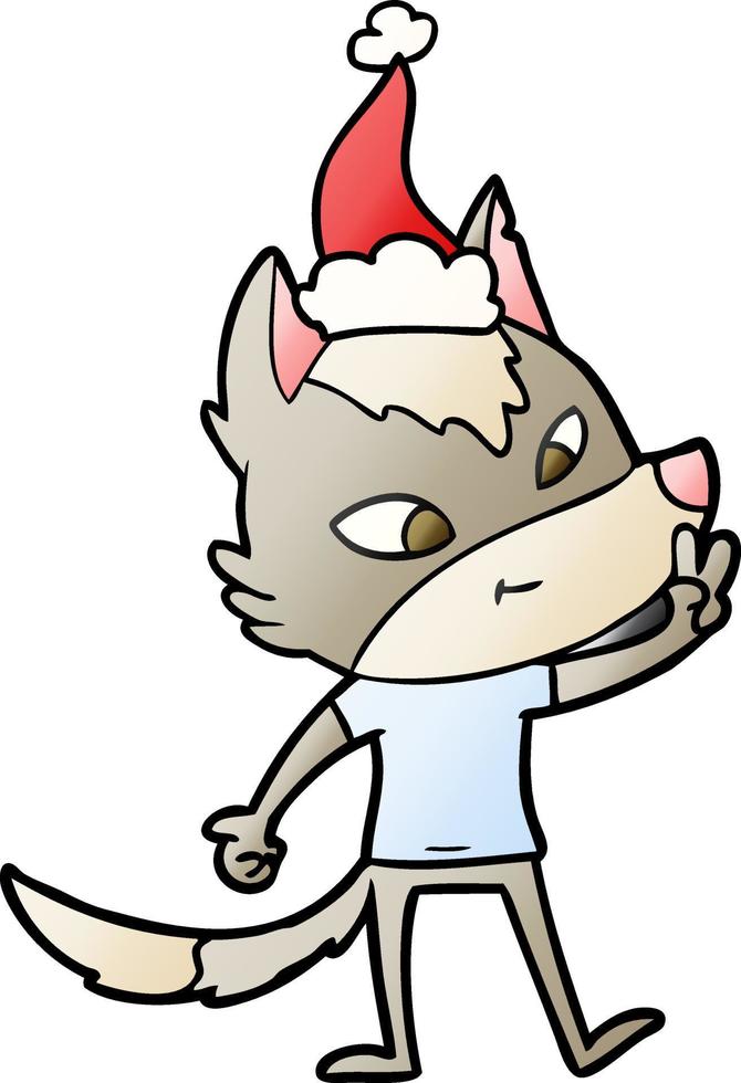 simpatico cartone animato sfumato di un lupo che dà un segno di pace con il cappello di Babbo Natale vettore