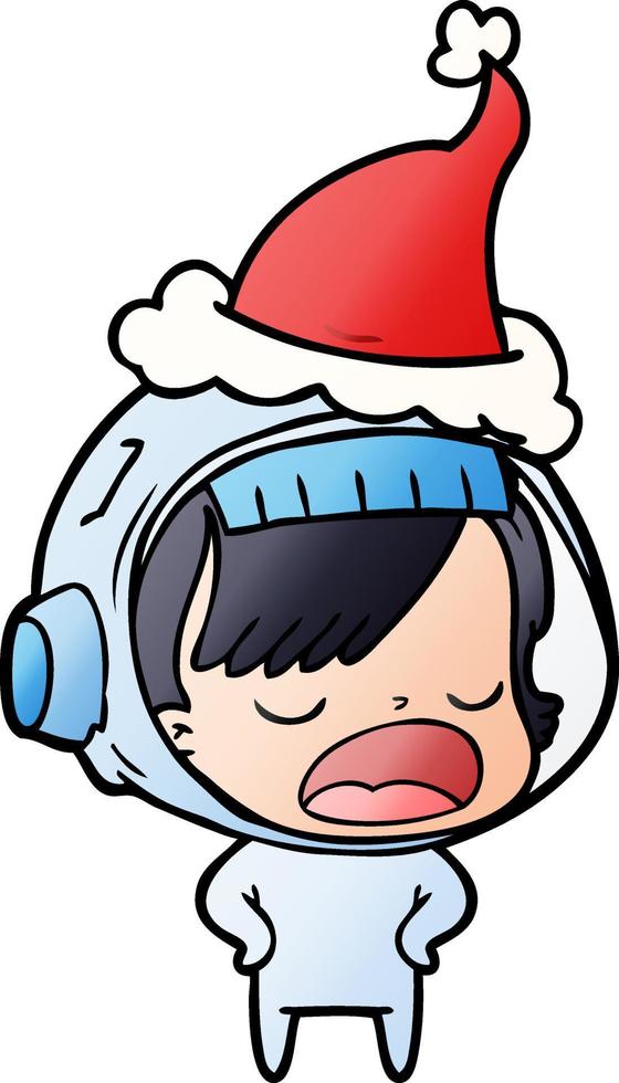 cartone animato sfumato di una donna astronauta che spiega indossando il cappello di Babbo Natale vettore