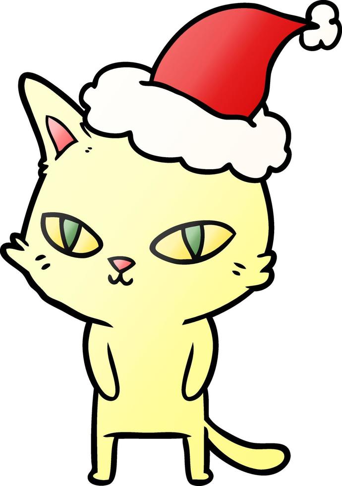 cartone animato sfumato di un gatto con gli occhi luminosi che indossa il cappello di Babbo Natale vettore