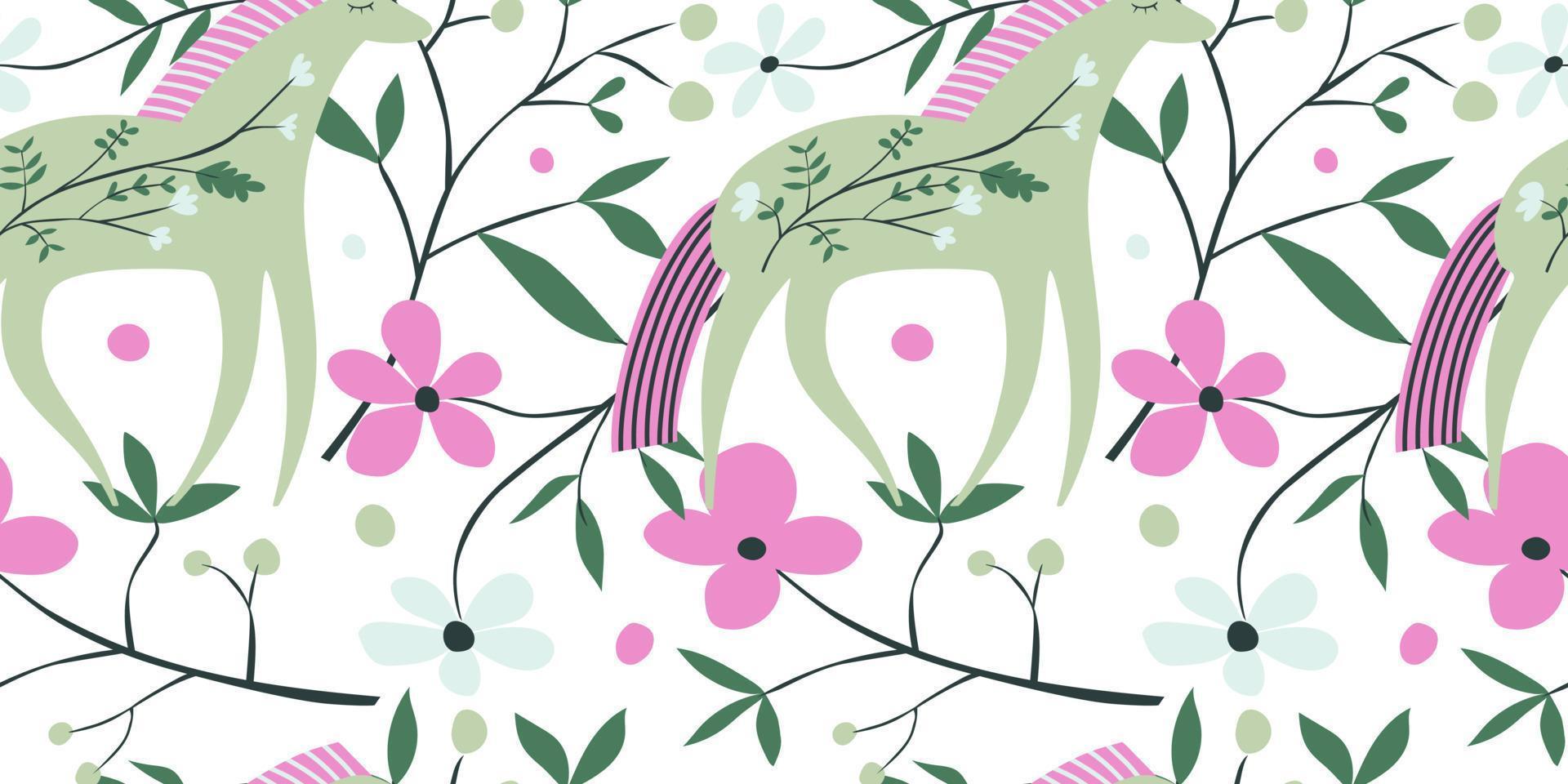 modello senza cuciture cavallo disegnato a mano in stile scandinavo. banner simpatico cartone animato con fiori selvatici e animali stilizzati vettore