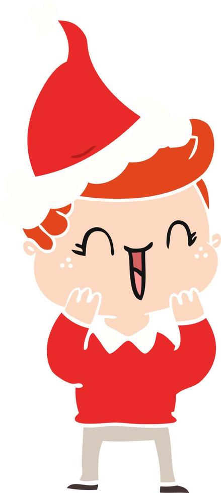 illustrazione a colori piatta di un ragazzo che ride che indossa il cappello di Babbo Natale vettore