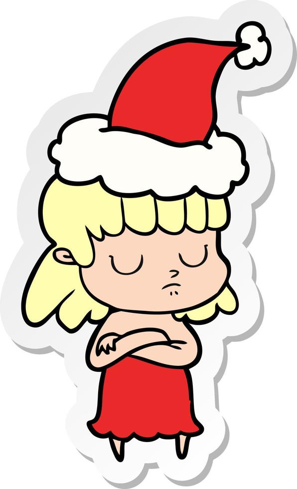 adesivo cartone animato di una donna indifferente che indossa il cappello di Babbo Natale vettore