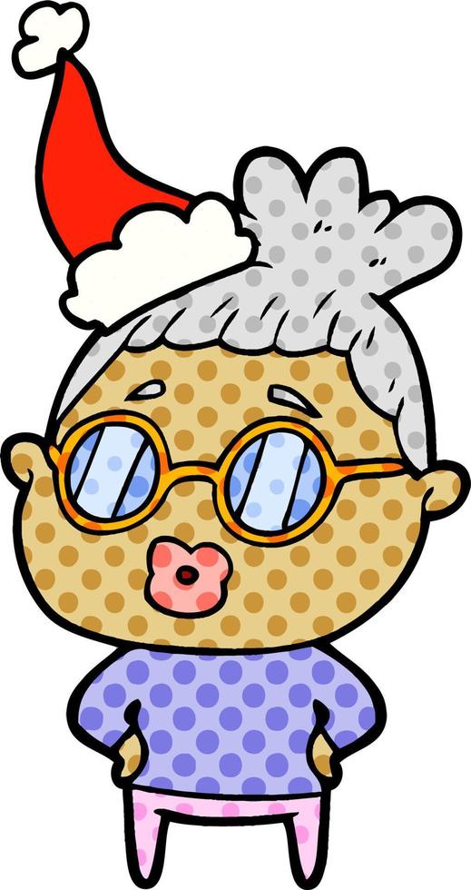 illustrazione in stile fumetto di una donna bibliotecaria che indossa occhiali con cappello da Babbo Natale vettore
