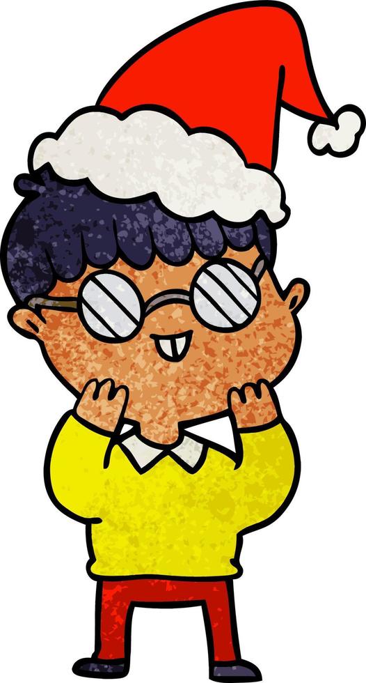 cartone animato testurizzato di un ragazzo che indossa occhiali con cappello da Babbo Natale vettore