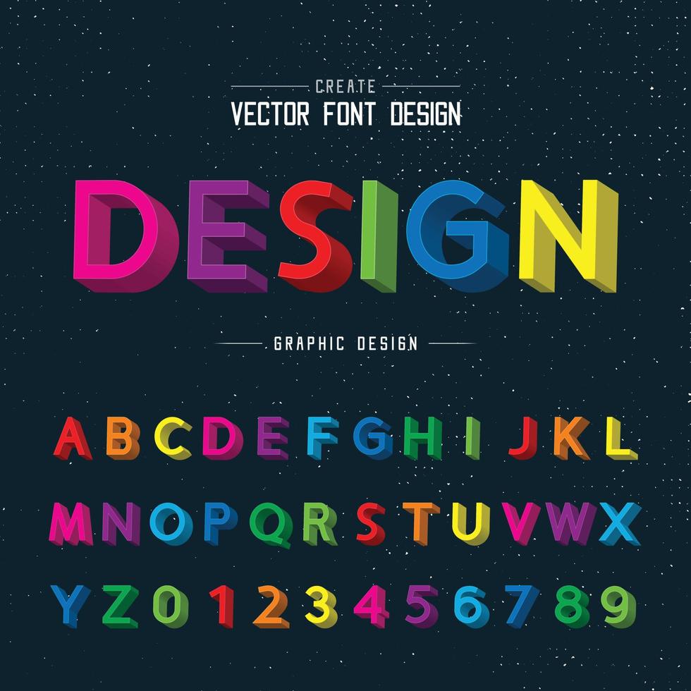 Colore del carattere 3d e vettore dell'alfabeto, scrittura del carattere e del numero del design, testo grafico dello script sullo sfondo