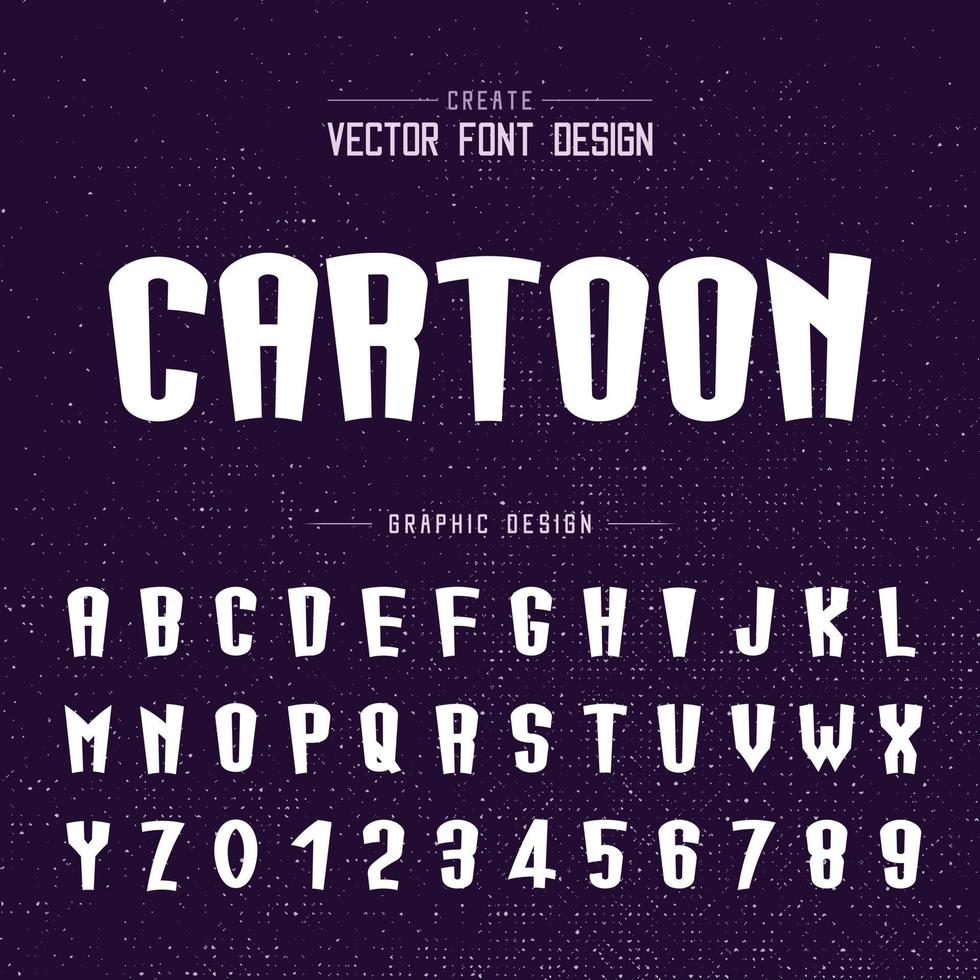 vettore di carattere e alfabeto dei cartoni animati, design di lettere e numeri di carattere alto, testo grafico su sfondo grunge