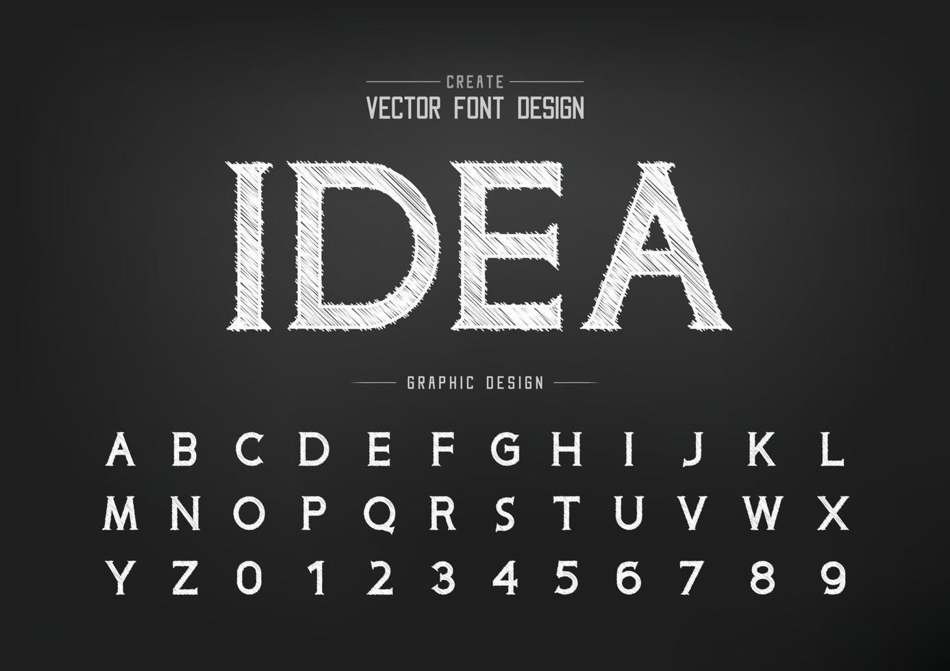 vettore di carattere e alfabeto di schizzo, design di lettere e numeri di carattere tipografico idea gesso, testo grafico su sfondo