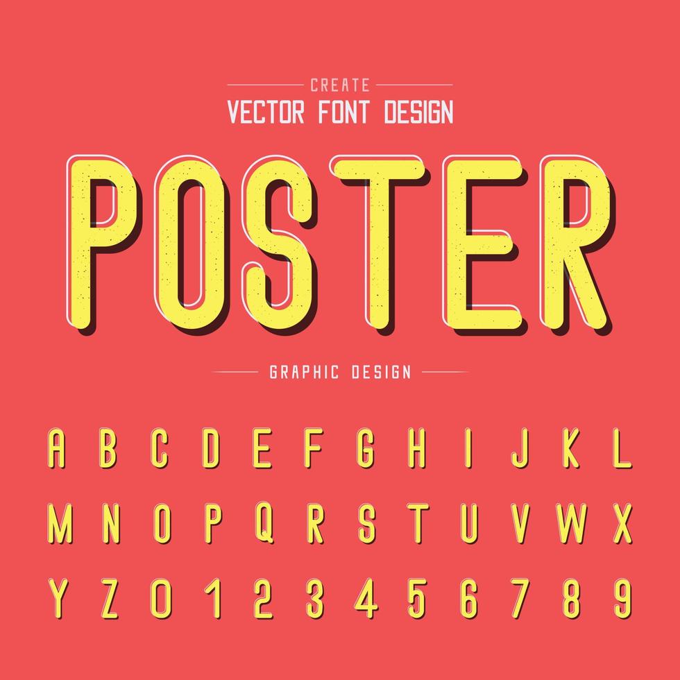 font texture e vettore alfabeto grunge, design di lettere e numeri poster, testo grafico su sfondo rosso