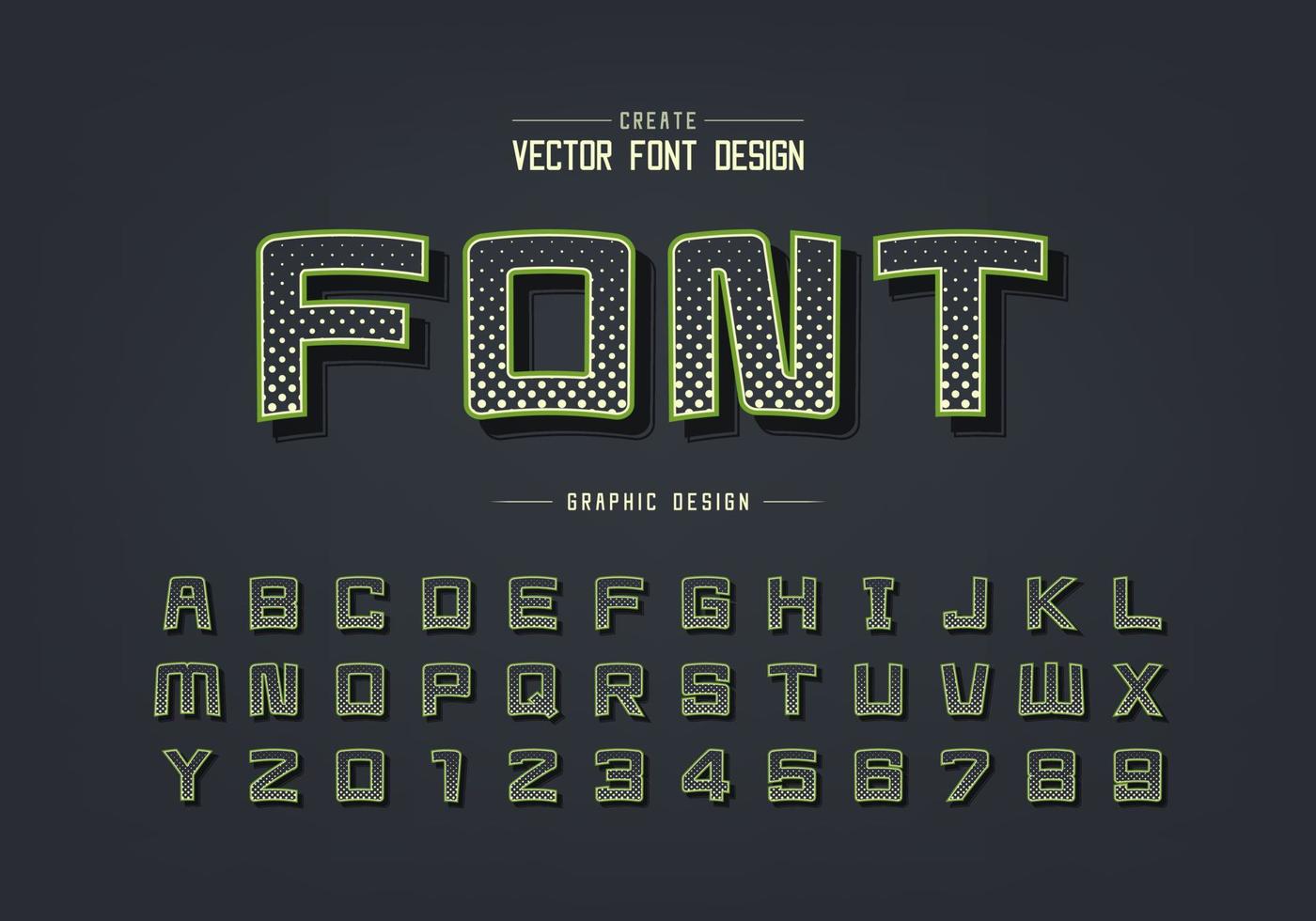 carattere cerchio mezzitoni e vettore alfabeto cartone animato, carattere tipografico quadrato digitale e design numerico