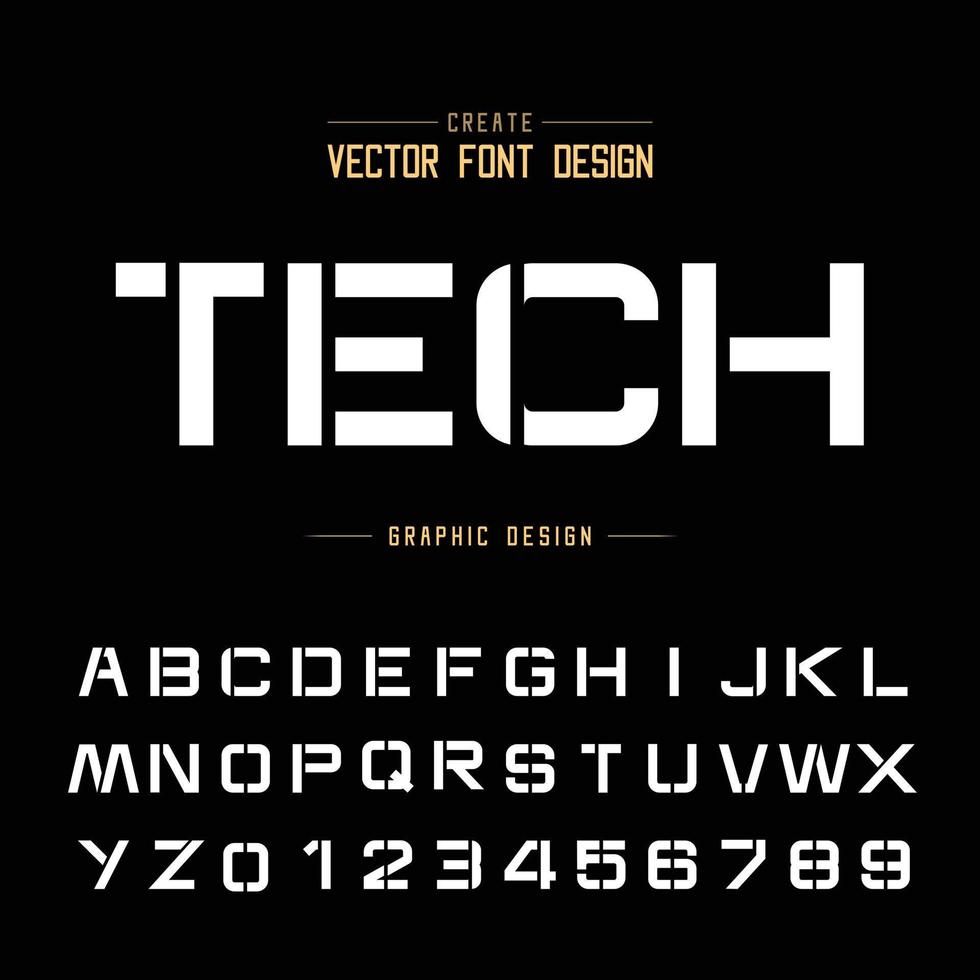 carattere tecnologico e vettore alfabeto, lettera e numero del carattere tipografico del design tecnologico, testo grafico su sfondo