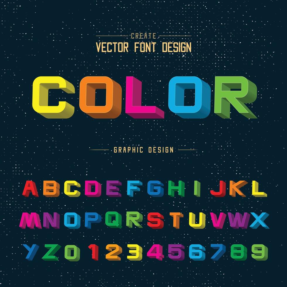 Colore del carattere 3d e vettore dell'alfabeto, scrittura di una lettera di carattere tipografico, testo grafico di script sullo sfondo