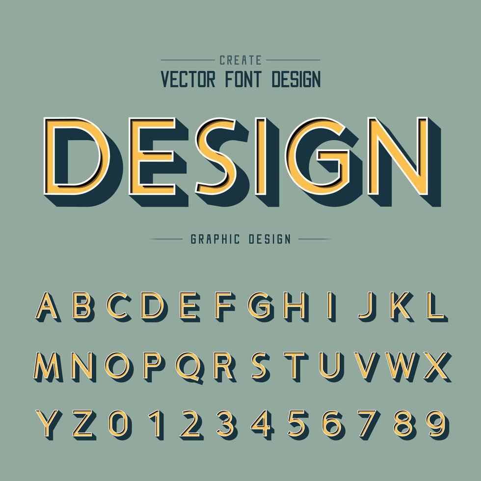 carattere 3d e vettore alfabeto, carattere tipografico e numero del design dell'ombra, testo grafico su sfondo blu