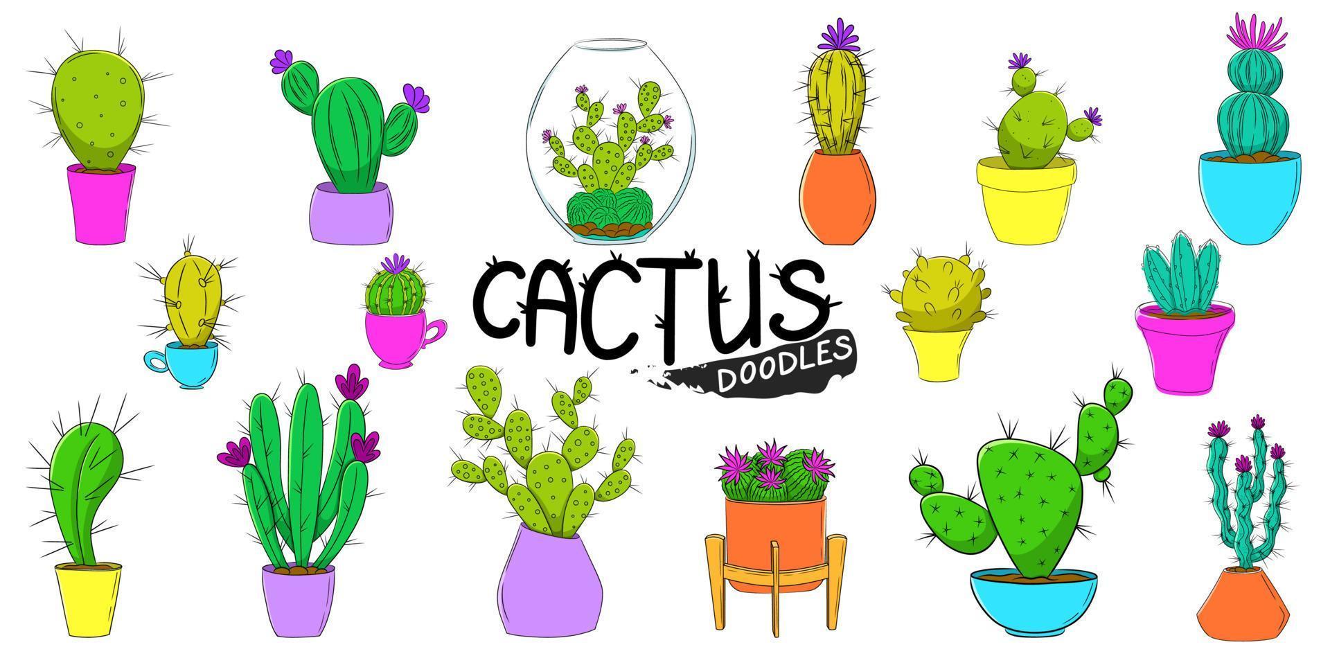 insieme variopinto dell'illustrazione di doodle del cactus. vettore