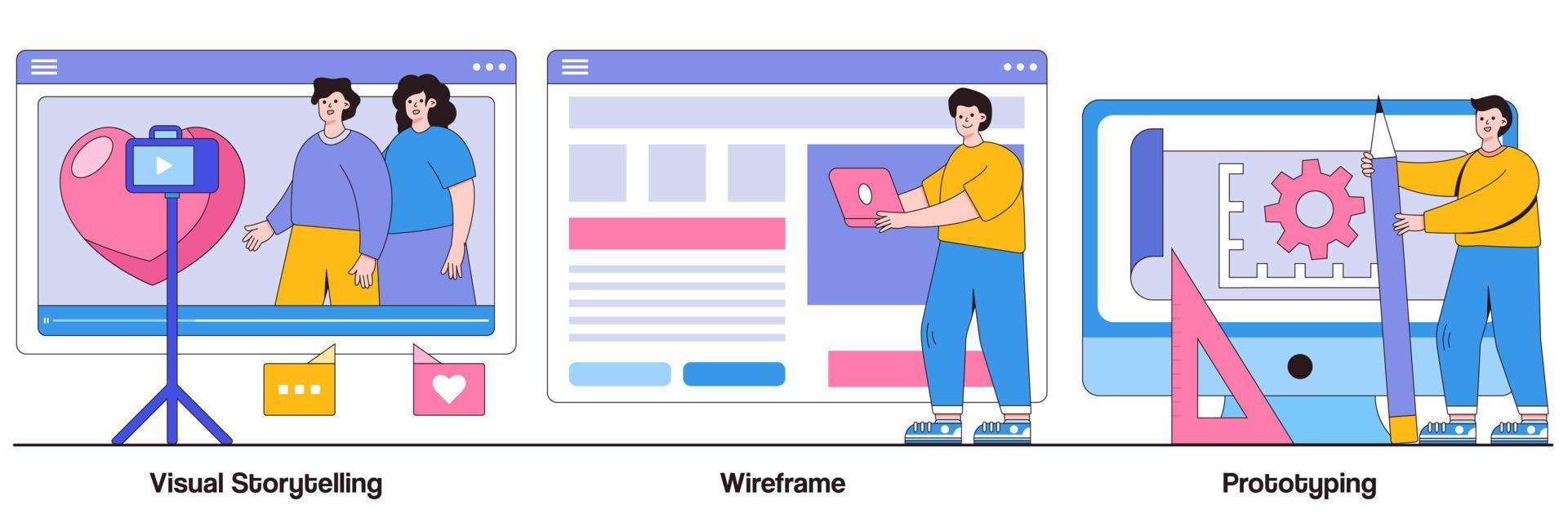 narrazione visiva, wireframe e concetto di prototipazione con il personaggio delle persone. insieme dell'illustrazione di vettore dell'estratto del layout della pagina web. esperienza utente, concept design, landing page, applicazione digitale