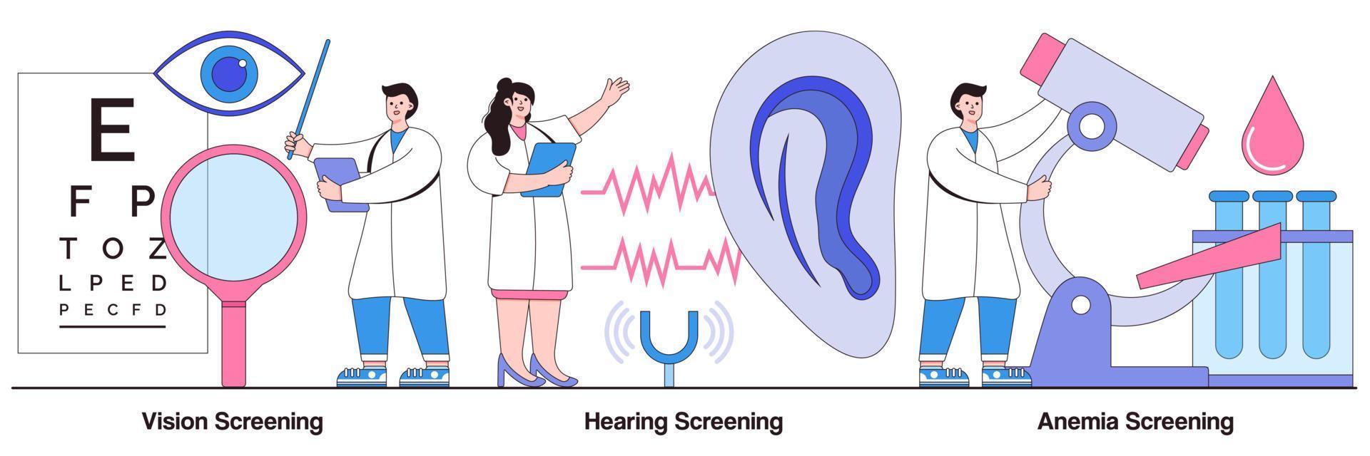 Pacchetto illustrato per screening della vista, dell'udito e dell'anemia vettore