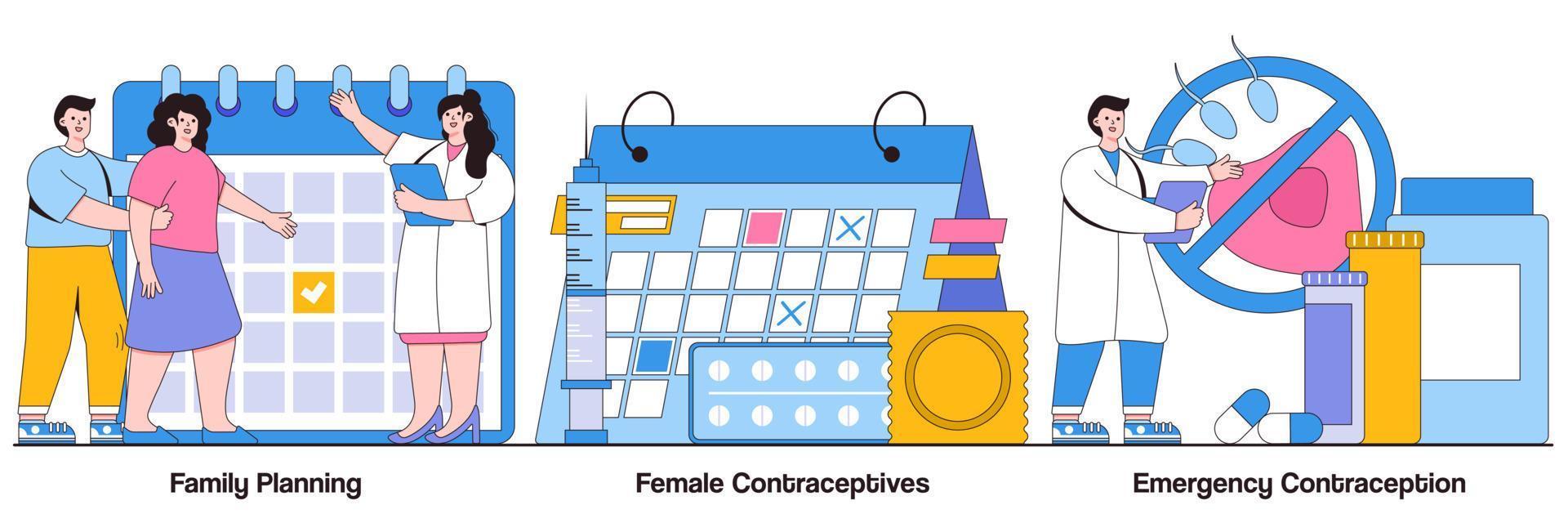 pianificazione familiare, contraccettivi femminili, contraccezione di emergenza con pacchetto di illustrazioni di personaggi di persone vettore