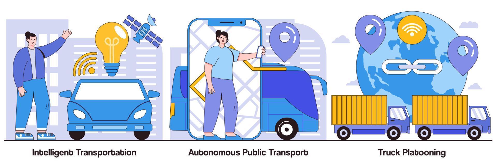 sistema di trasporto intelligente, trasporto pubblico autonomo, plotone di camion con pacchetto di illustrazioni di personaggi di persone vettore