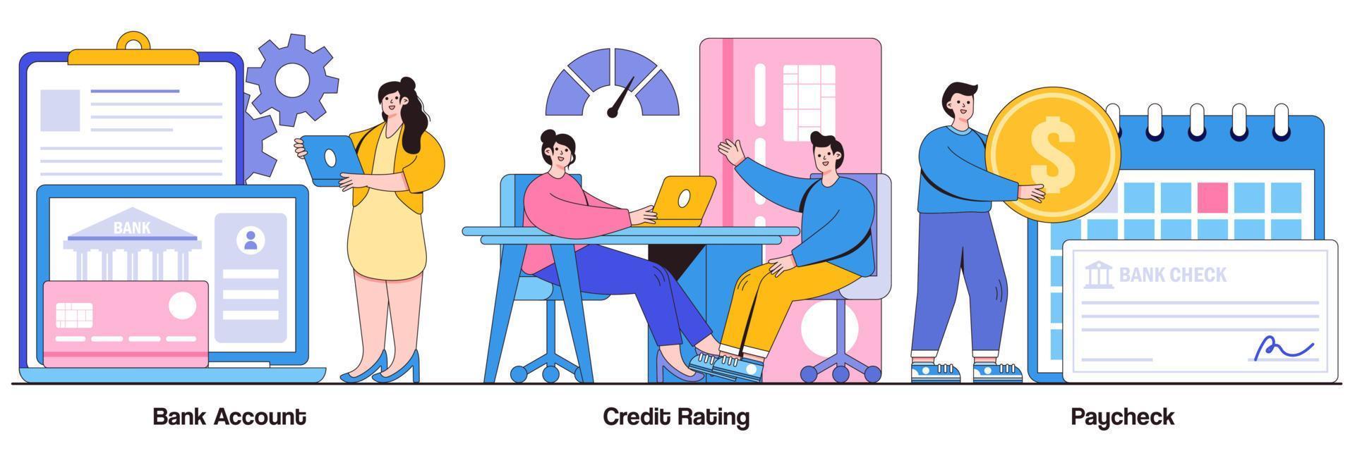 conto bancario, rating del credito, concetto di busta paga con carattere di persone. set di illustrazioni vettoriali astratte per cartoni animati di servizi finanziari. pagamento con carta di debito, risparmio di denaro, metafora di prestito e deposito