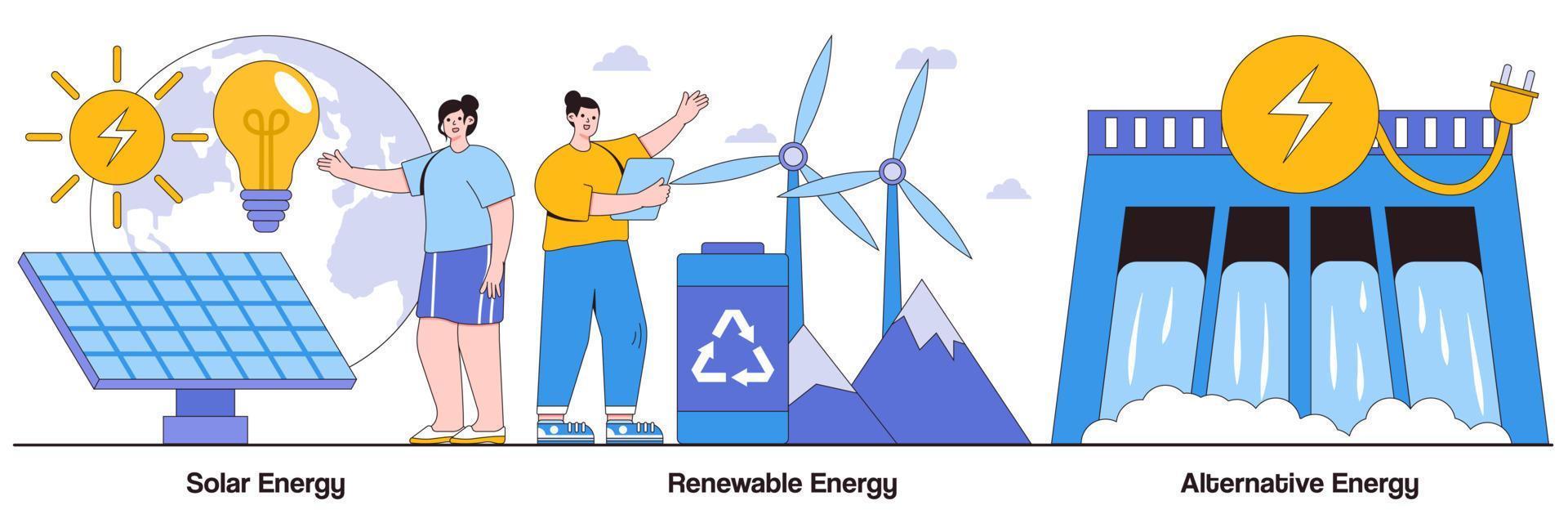 Pacchetto illustrato di concetti di energia solare, energia rinnovabile ed energia alternativa vettore