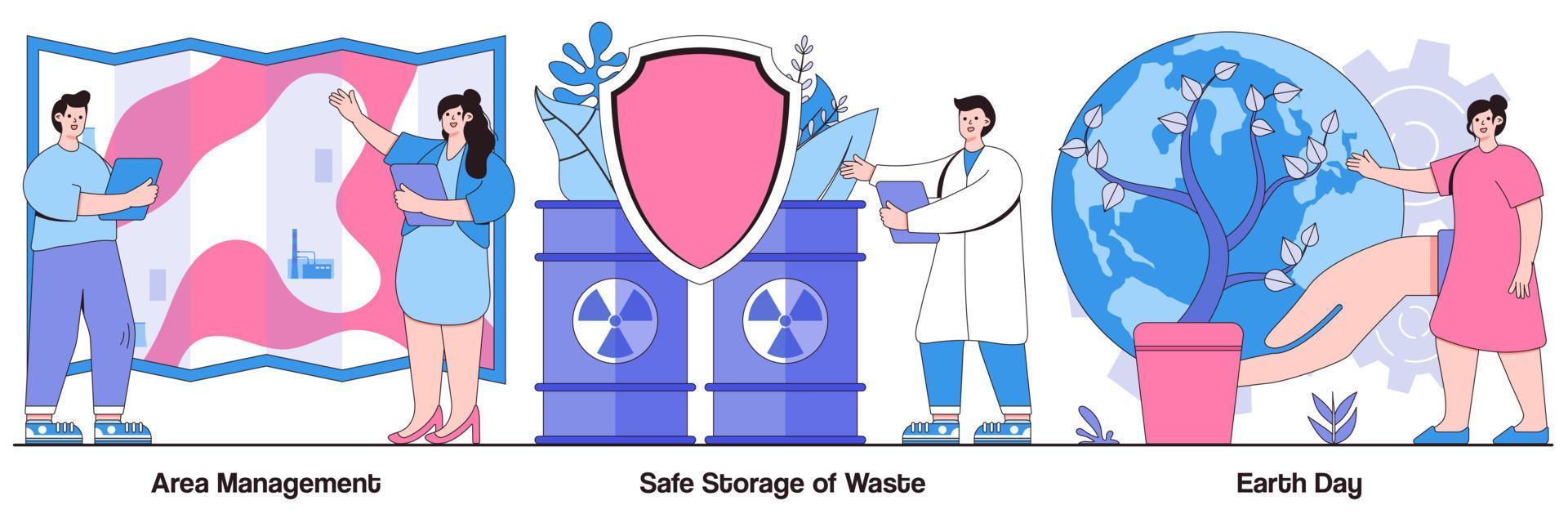 gestione dell'area, stoccaggio sicuro dei rifiuti e pacchetto illustrato della giornata della terra vettore