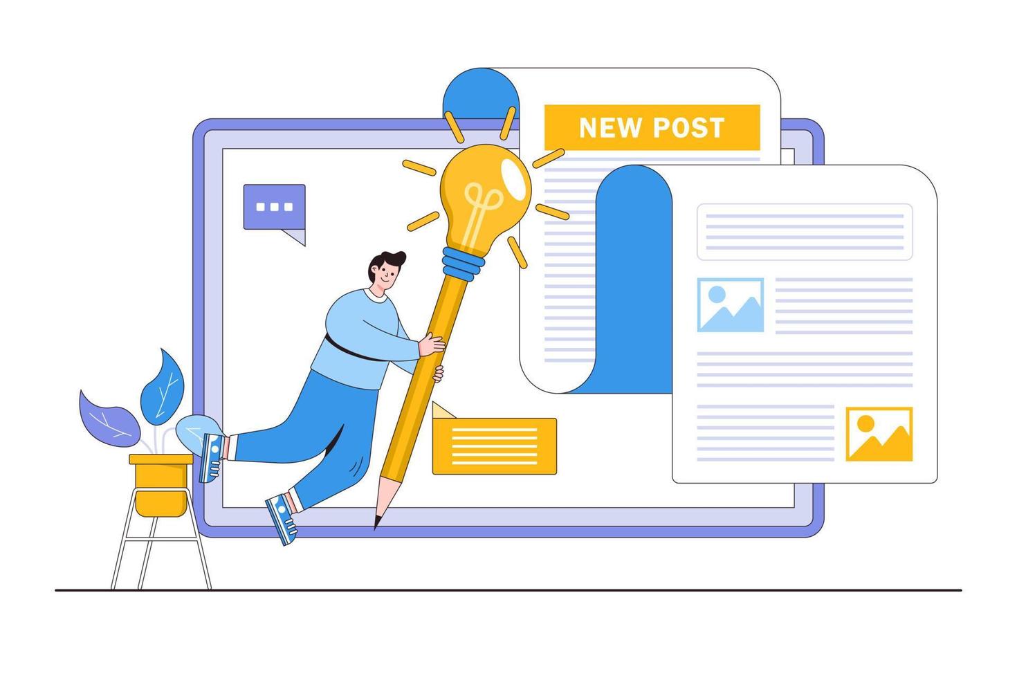 copywriter o blogger, web writer creativo, fantasia per creare contenuti, talenti e concetti di abilità. uomo freelance che usa una matita grande con l'idea della lampadina per creare un nuovo post o articolo per i social media vettore