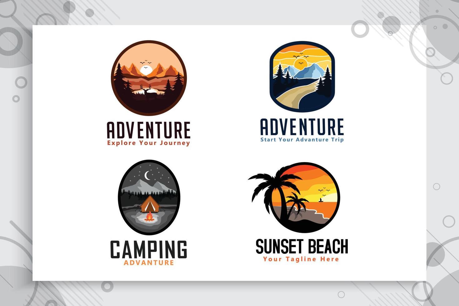 raccolta di set di logo vettoriale di spiaggia avventura in montagna con design concettuale distintivo, illustrazione del modello montagna come simbolo della natura selvaggia dell'esploratore.