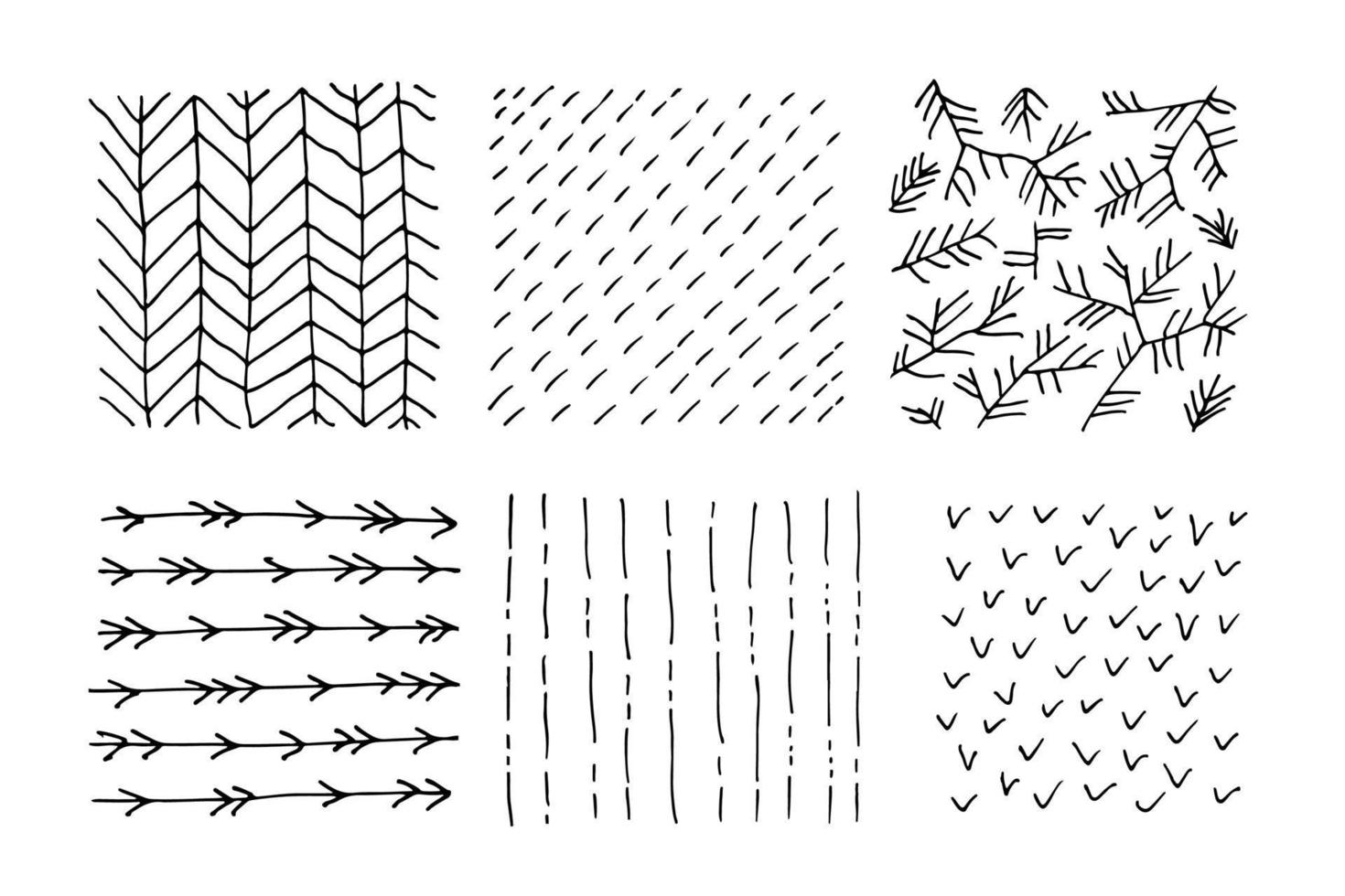 set di trame in bianco e nero disegnate a mano con punti, cerchi, semicerchi, linee e tratti tratteggiati. forme di scarabocchi disegnate a mano. macchie, gocce, curve, linee. vettore