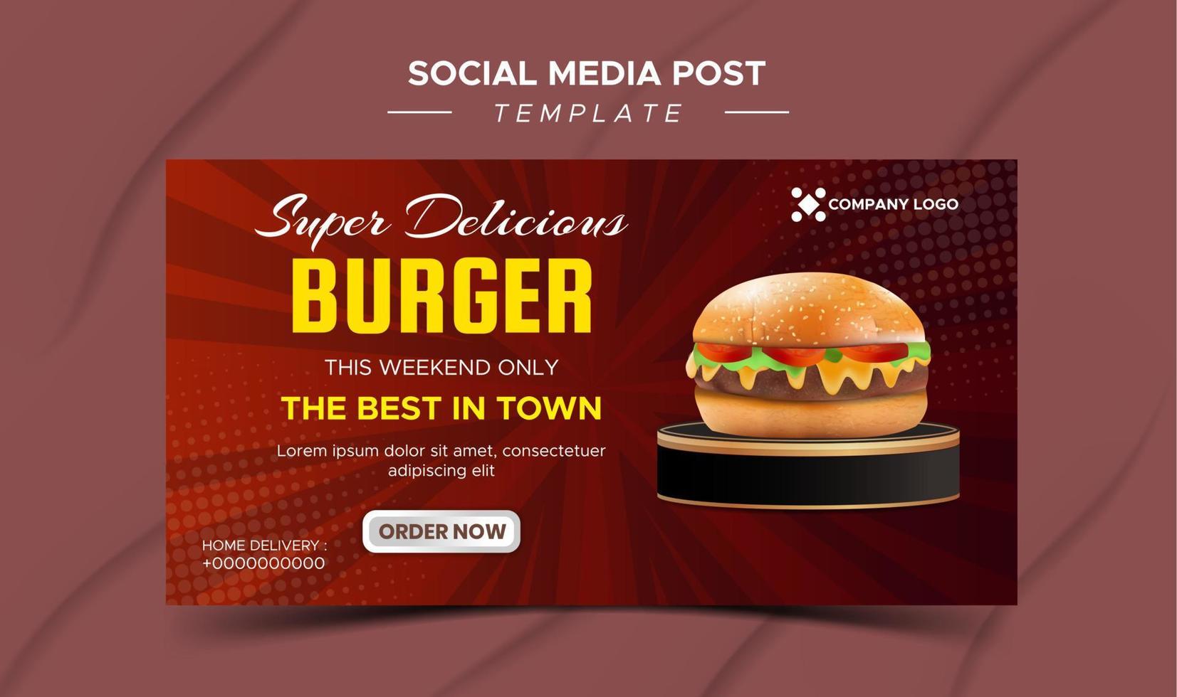 modello di post sui social media per hamburger o fast food. illustrazione vettoriale con hamburger realistico a bordo podio.