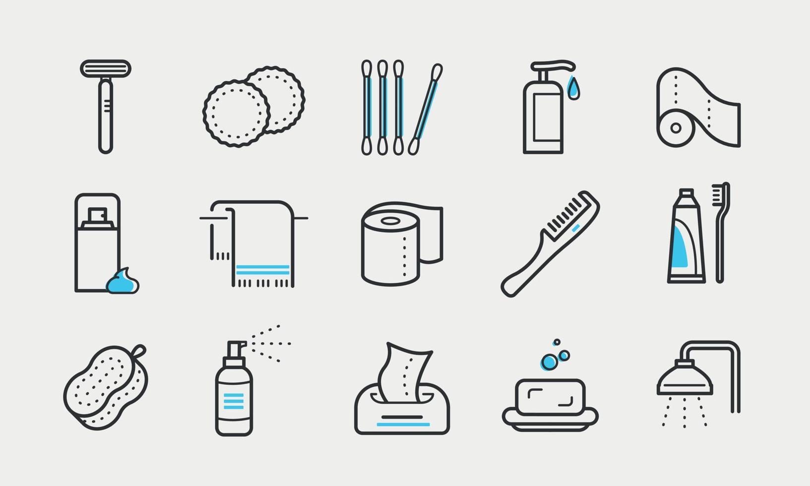 set di icone della linea di accessori per il bagno. prodotti cosmetici per la cura della bellezza, asciugamani, accessori per l'igiene e la toelettatura. illustrazione vettoriale