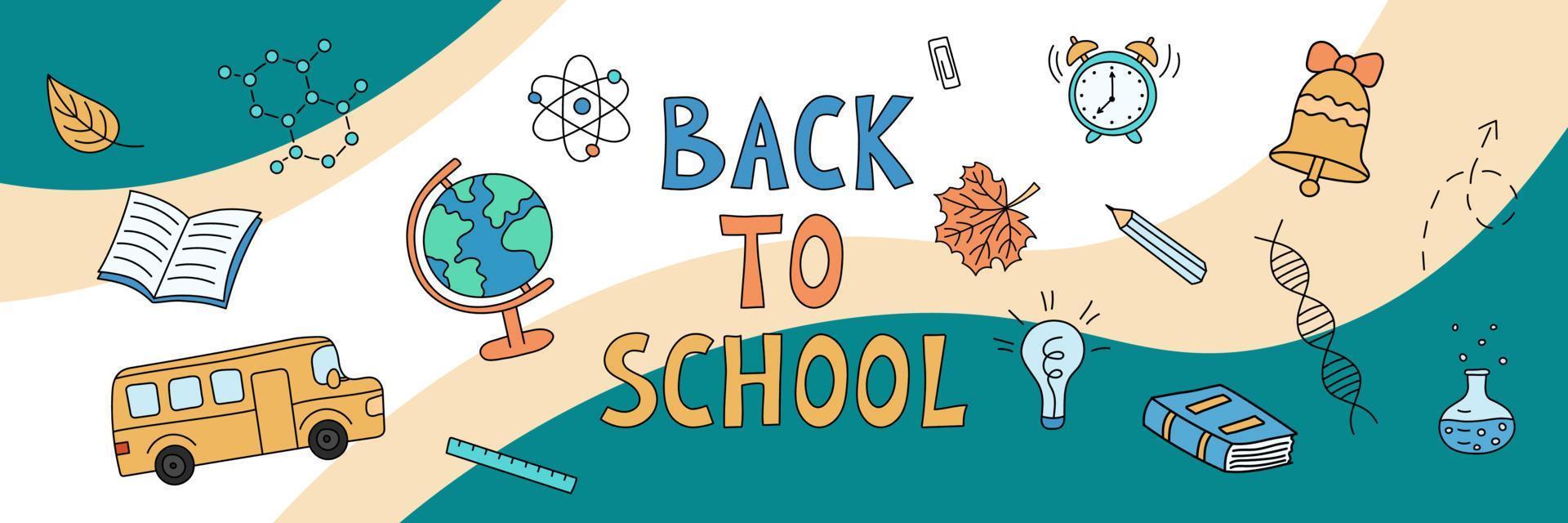 banner web di ritorno a scuola. oggetti di doodle di scuola su sfondo astratto. illustrazione disegnata a mano di vettore di elementi educativi